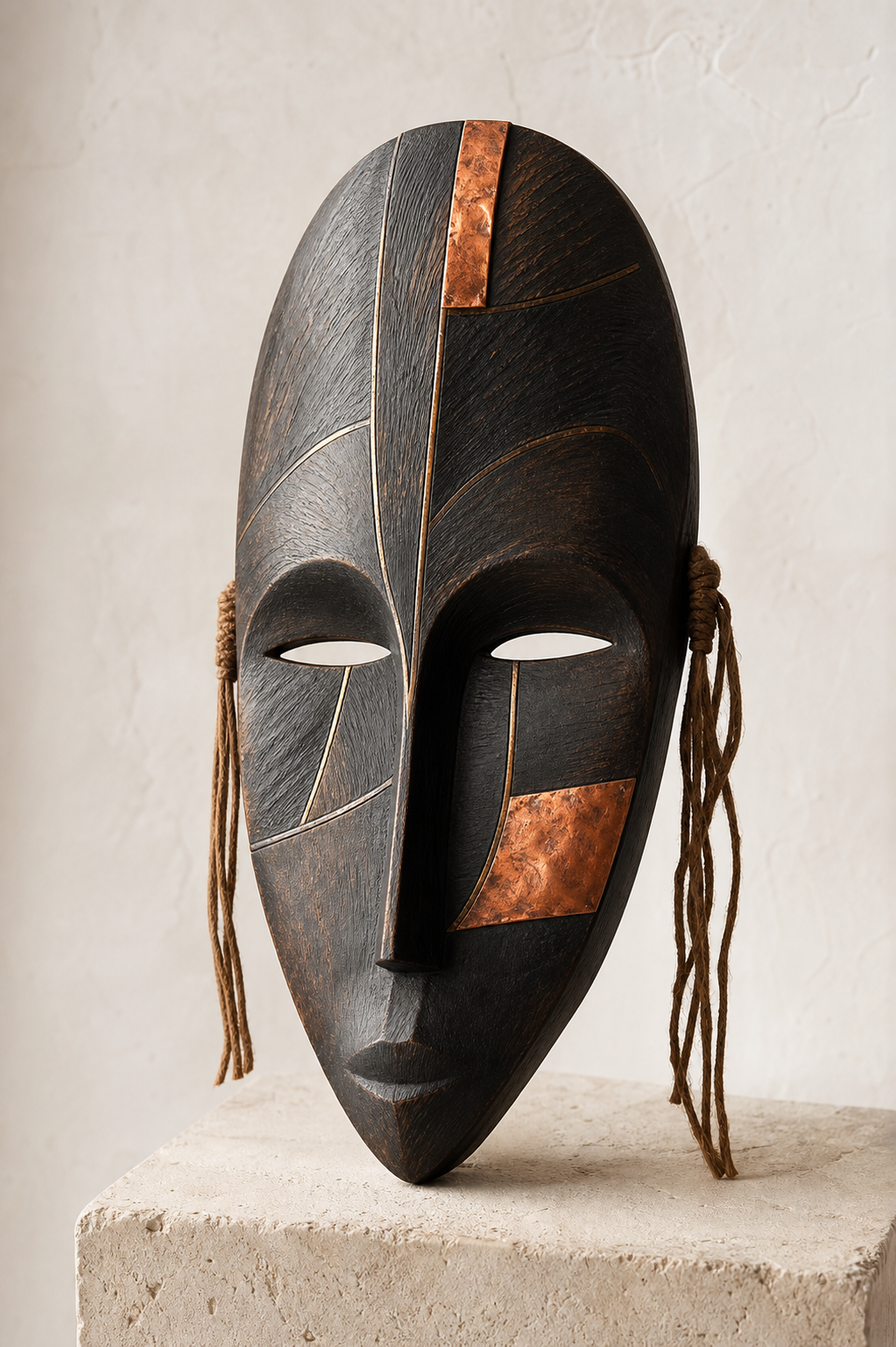 Contemporary studio mask study made from dark wood, copper and natural fibre on a light plaster backdrop